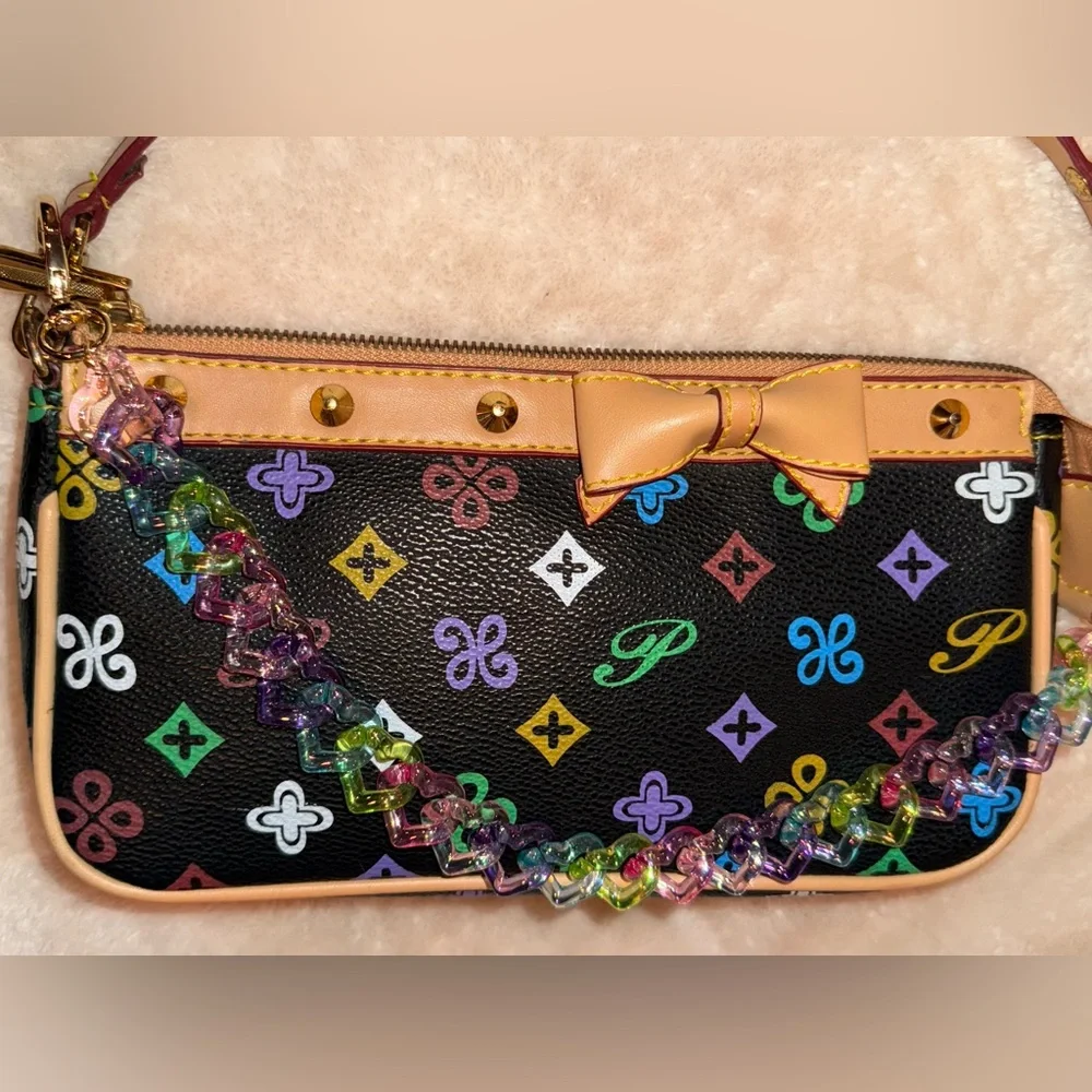 Black Multicolor Studded Monogram Shoulder Bag Tan Trim Bow Detail W Bag Chain! - Picture 10 of 12